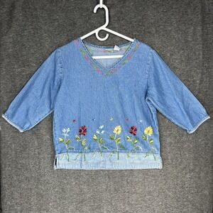Bleu Bayou Denim Jean Blouse Shirt Womens S Embroidered Floral Cottagecore Y2K